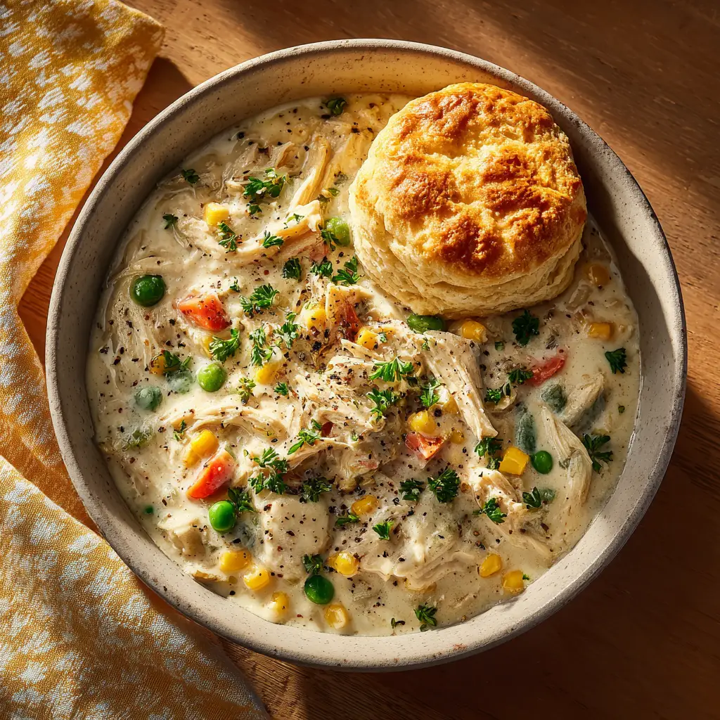 The cooked and shredded chicken being returned to the creamy vegetable filling inside the slow cooker.