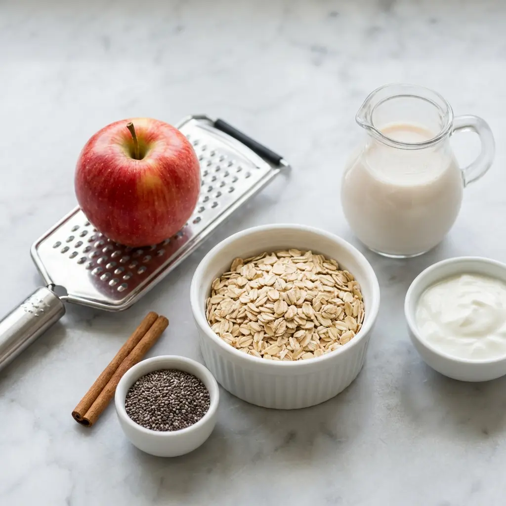 Ingredients for apple cinnamon overnight oats laid out on a marble surface, including oats, an apple, cinnamon, and milk.