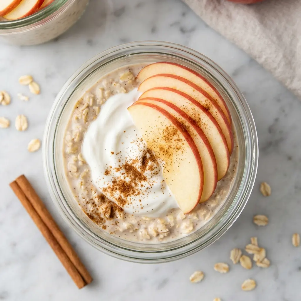 An overhead view of a jar of apple cinnamon overnight oats garnished with apple slices and cinnamon.