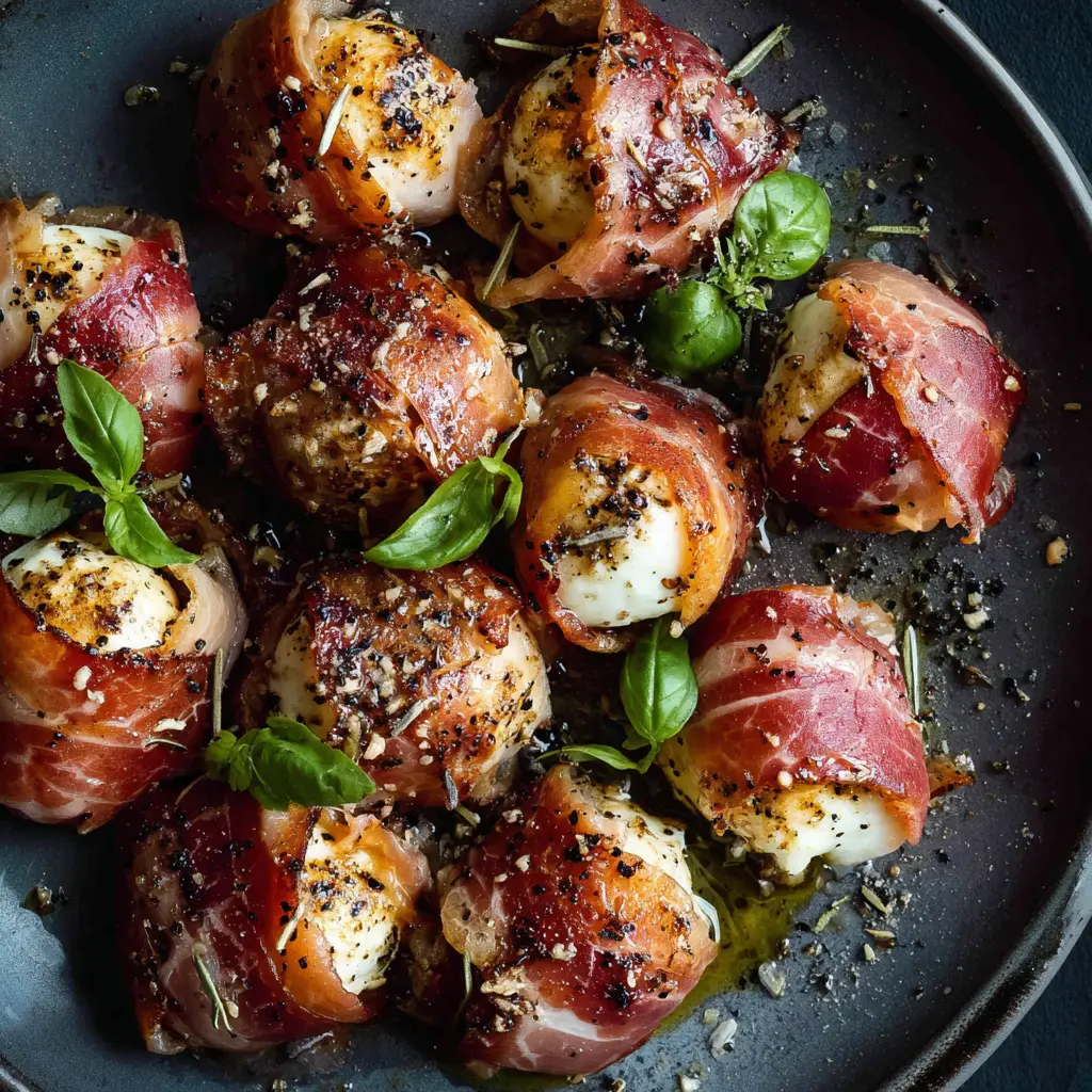 An overhead view of freshly baked Prosciutto Wrapped Mozzarella bites arranged on a rustic wooden board, showing the crispy prosciutto and melted cheese.
