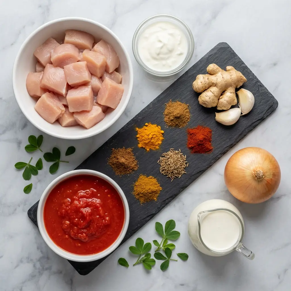 An overhead shot of the ingredients for chicken tikka masala, including chicken, yogurt, tomatoes, onion, and spices.