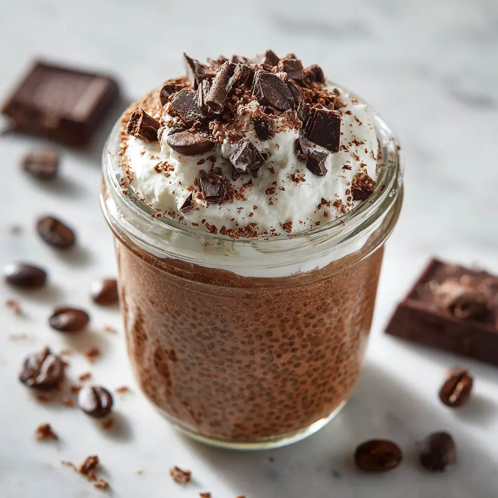 A close-up, eye-level shot of a rich, brown mocha chia pudding in a clear glass. The texture is thick and creamy, highlighting the chocolate coffee pudding.