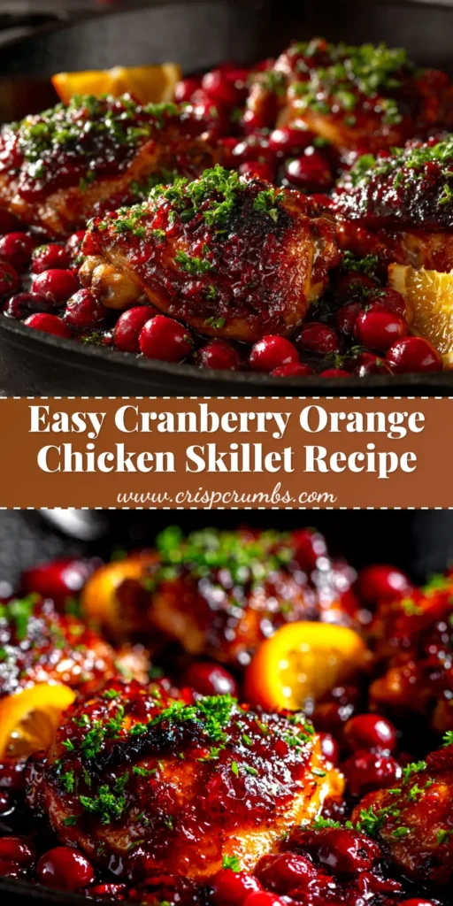 A stunning skillet of Cranberry Orange Chicken, with glossy, glazed chicken thighs nestled amongst bright red cranberries and garnished with fresh rosemary.