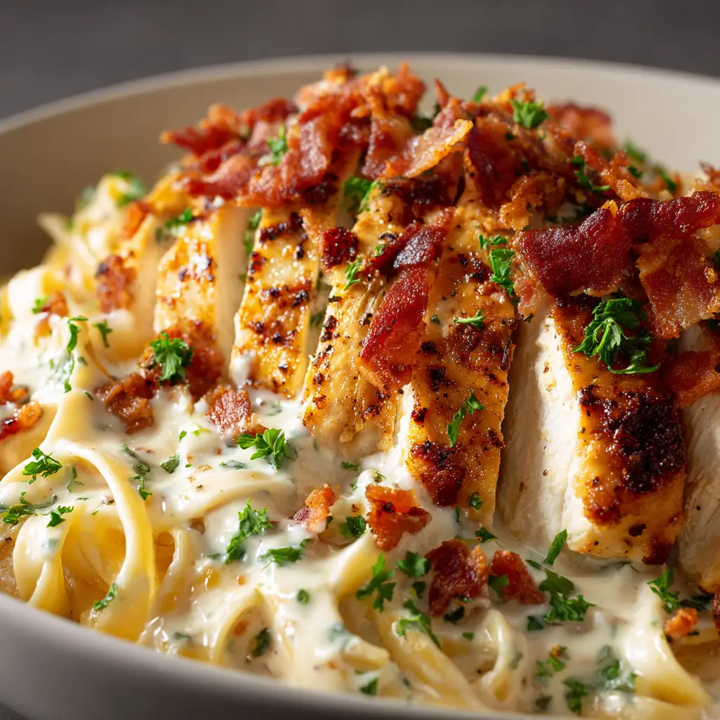 A close-up shot of a fork twirling fettuccine from a bowl of creamy chicken alfredo with bacon and cheddar.