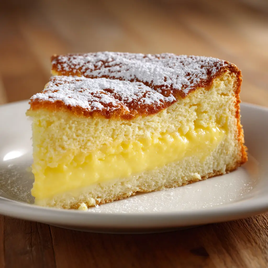 A photorealistic macro shot of a perfect slice of Italian lemon custard cake, showing the creamy custard layer.