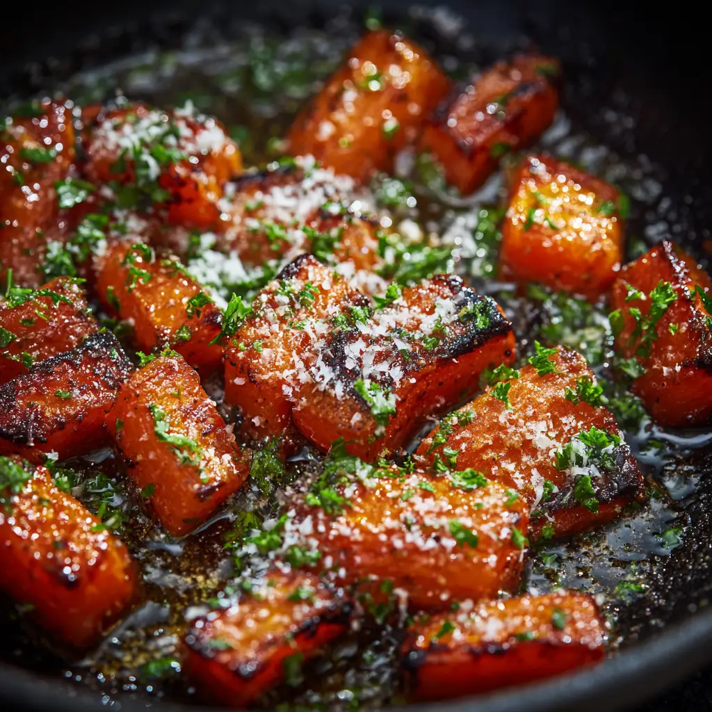An extreme close-up overhead shot of crispy roasted carrots with garlic and parmesan. The detailed texture shows the caramelized edges and melted cheese, emphasizing the dish's deliciousness.