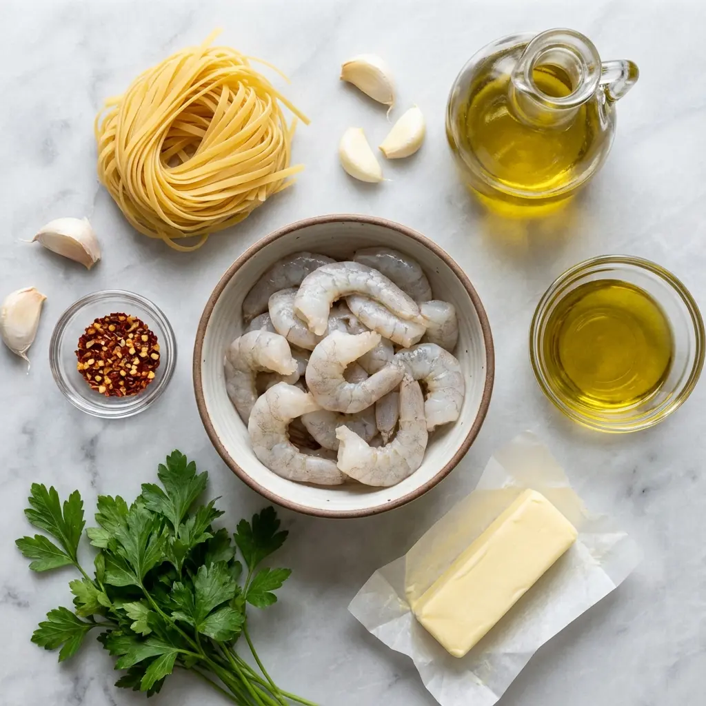 An overhead flat lay of the ingredients for garlic butter shrimp linguine: linguine, shrimp, garlic, butter, and parsley.
