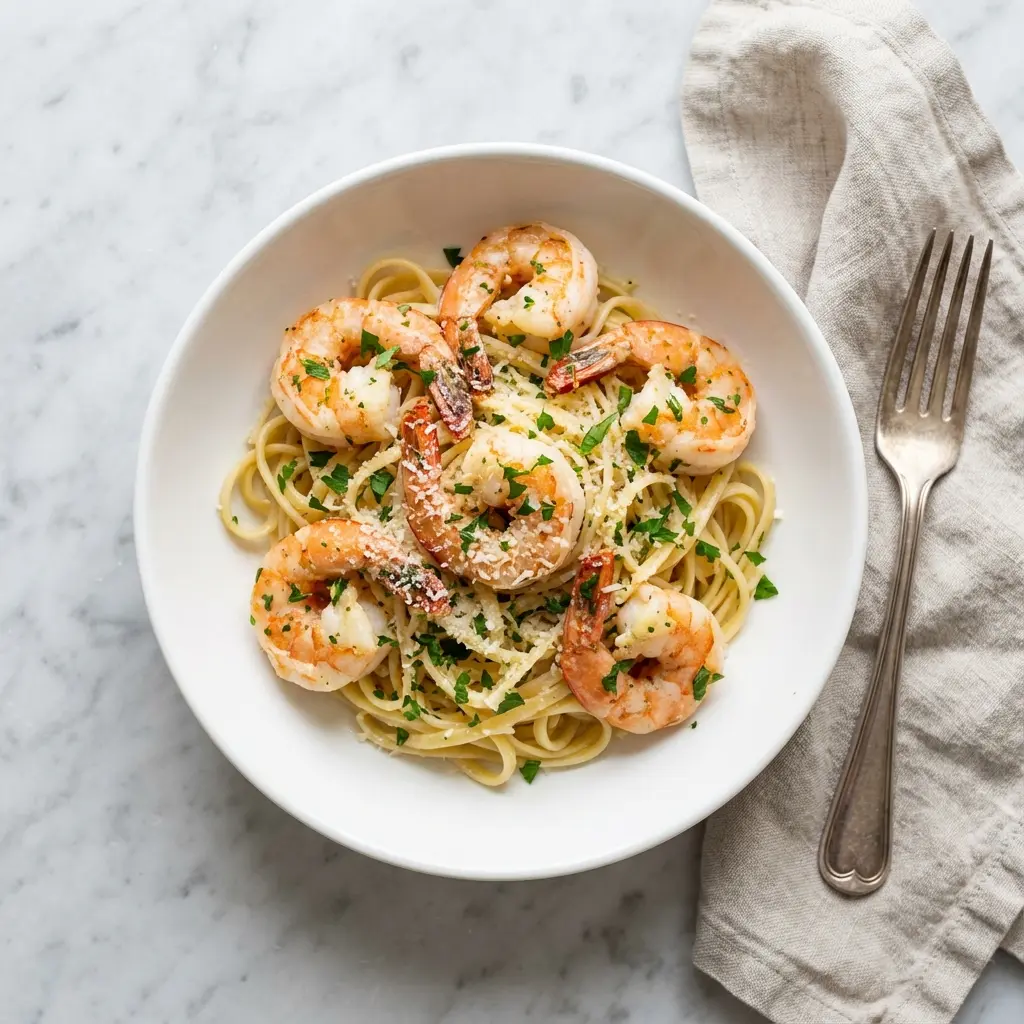 An overhead flat lay photo of a finished bowl of garlic butter shrimp linguine.