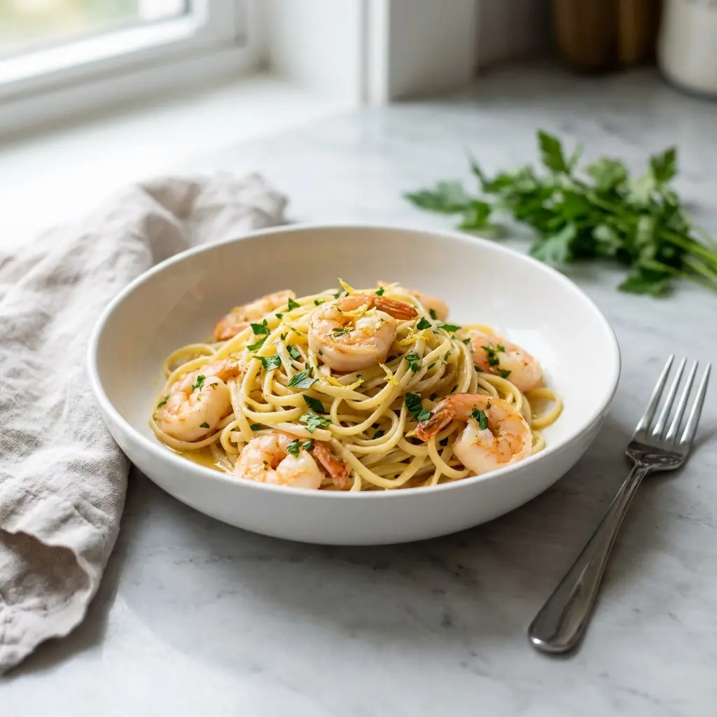 A bowl of garlic butter shrimp pasta without cream, garnished with fresh parsley and lemon zest.