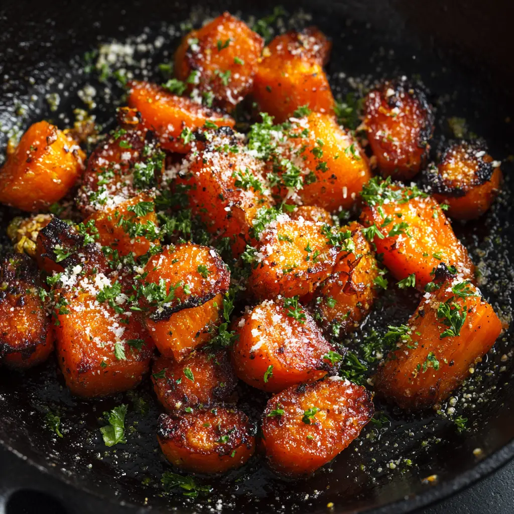 A detailed photograph of garlic parmesan carrots on a baking sheet, fresh out of the oven. The focus is on the golden-brown cheese and tender texture of the carrots.