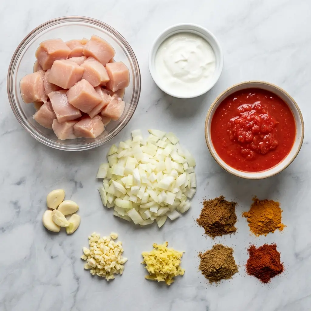 Ingredients for healthy chicken tikka masala laid out on a marble surface, including chicken, yogurt, tomatoes, and spices.