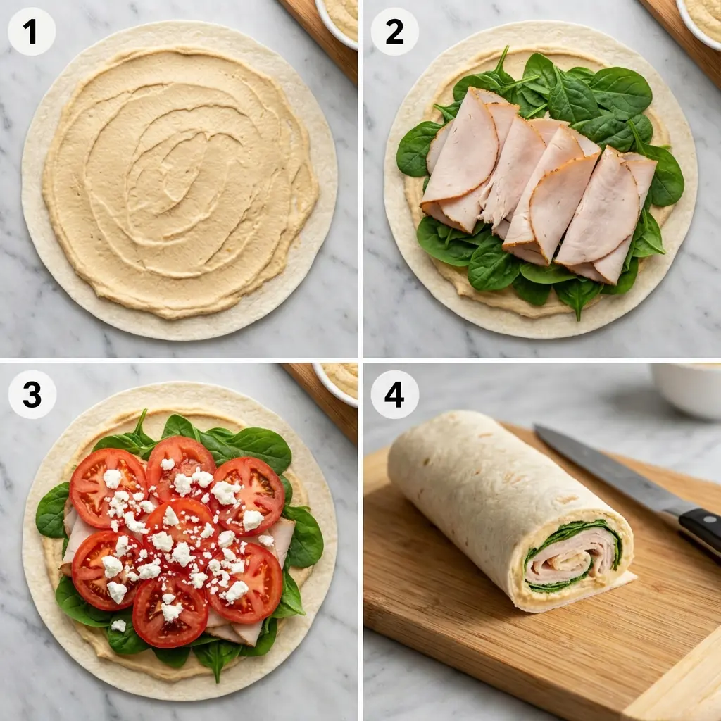 A 4-panel image showing the step-by-step process of making a high protein turkey hummus wrap.