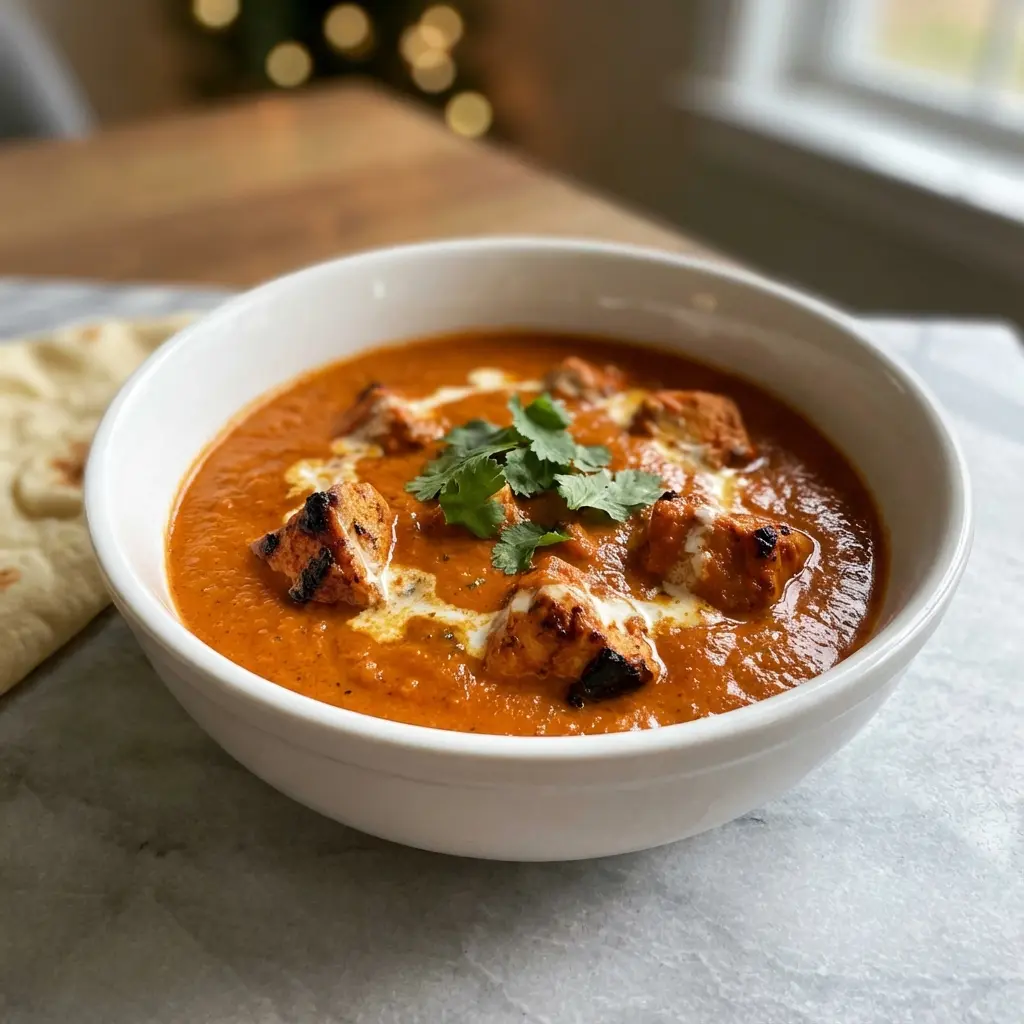 A bowl of homemade chicken tikka masala recipe, showing creamy sauce and tender chicken, garnished with cilantro.