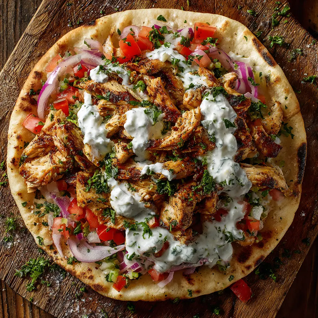 An overhead close-up shot of a single authentic Greek Chicken Gyro on a plate, showing the vibrant colors of the tomatoes, onions, and chicken.