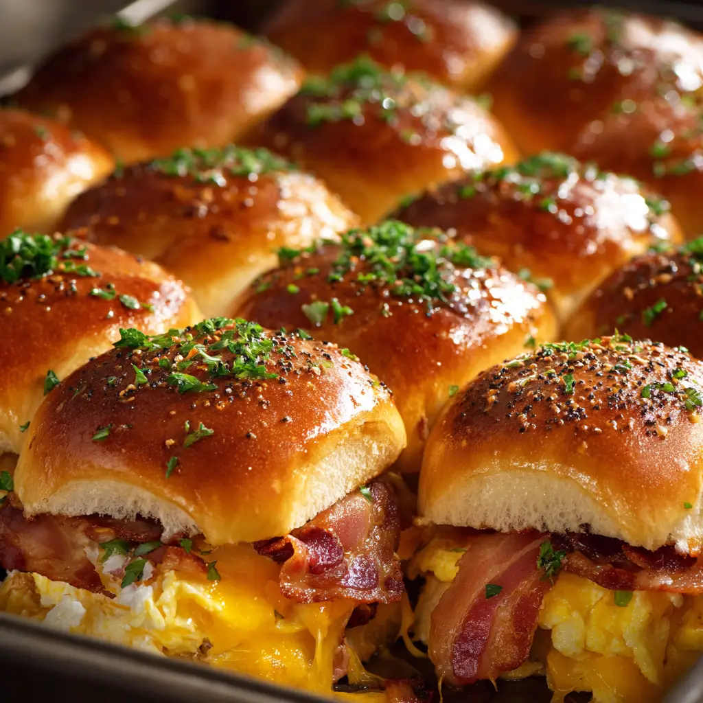 Assembling the sausage egg and cheese breakfast sliders in a baking dish before they go into the oven.