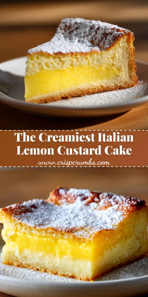 A perfect slice of Italian Lemon Custard Cake on a white plate, dusted with powdered sugar. The cake shows two distinct layers: a creamy custard bottom and a light sponge top.