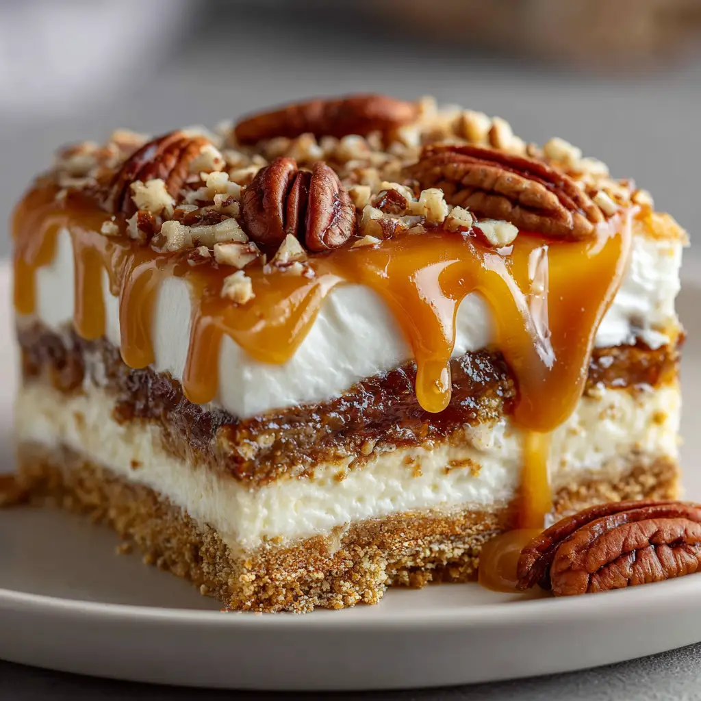 A close-up shot showing the distinct, delicious layers of the pecan dessert lasagna in a 9x13 baking dish.