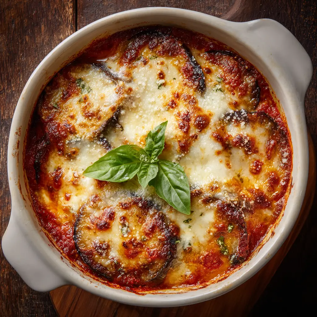 A 9x13 inch baking dish filled with the layered Ricotta Eggplant Casserole before baking, showing the top layer of marinara sauce and cheese.