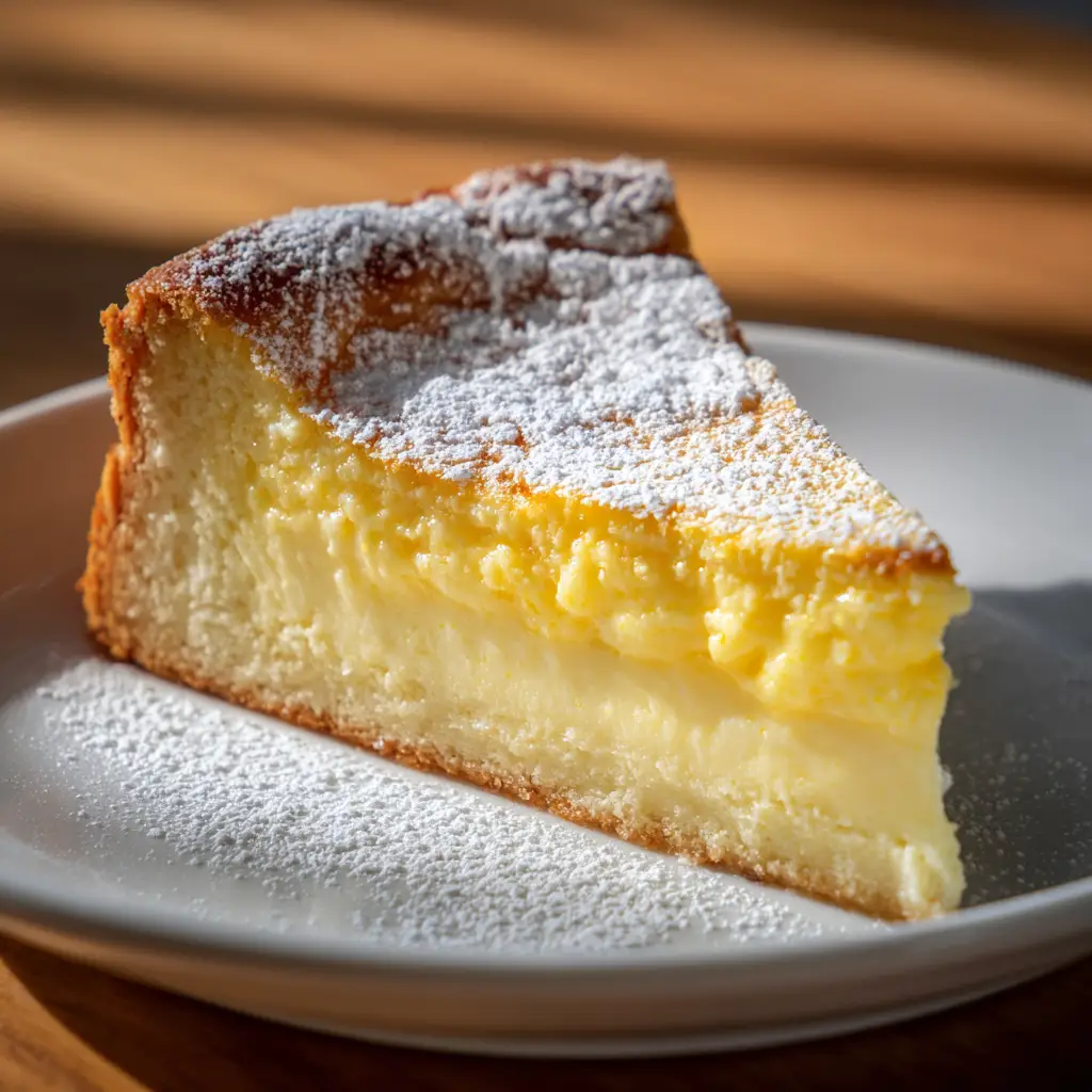 A close-up image showcasing the light and airy sponge cake topping of the Italian lemon custard cake.