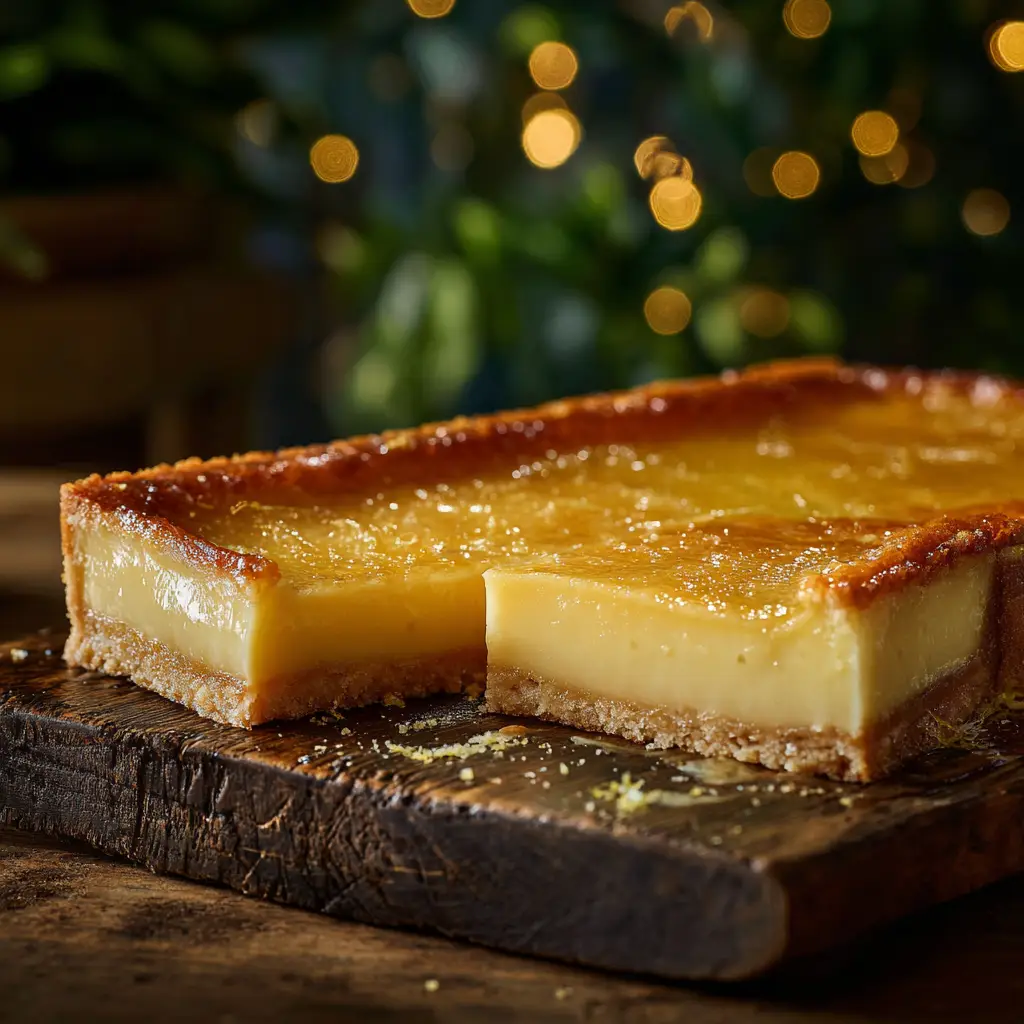A close-up view of the creamy custard center of a lemon pudding cake, showcasing its smooth texture.