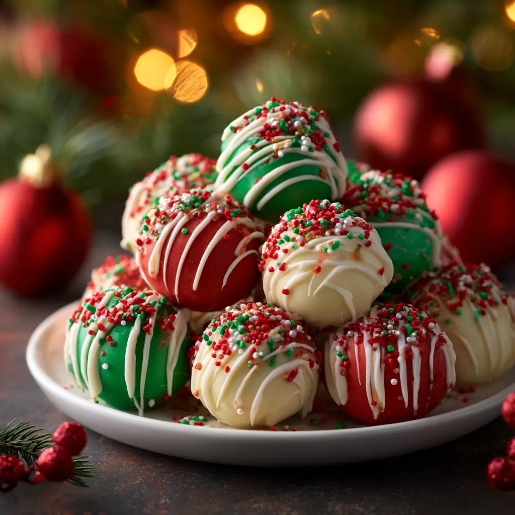A close-up shot of mini cheesecake bites on a festive plate, showing the creamy texture of the filling and the crumbly gingerbread crust.