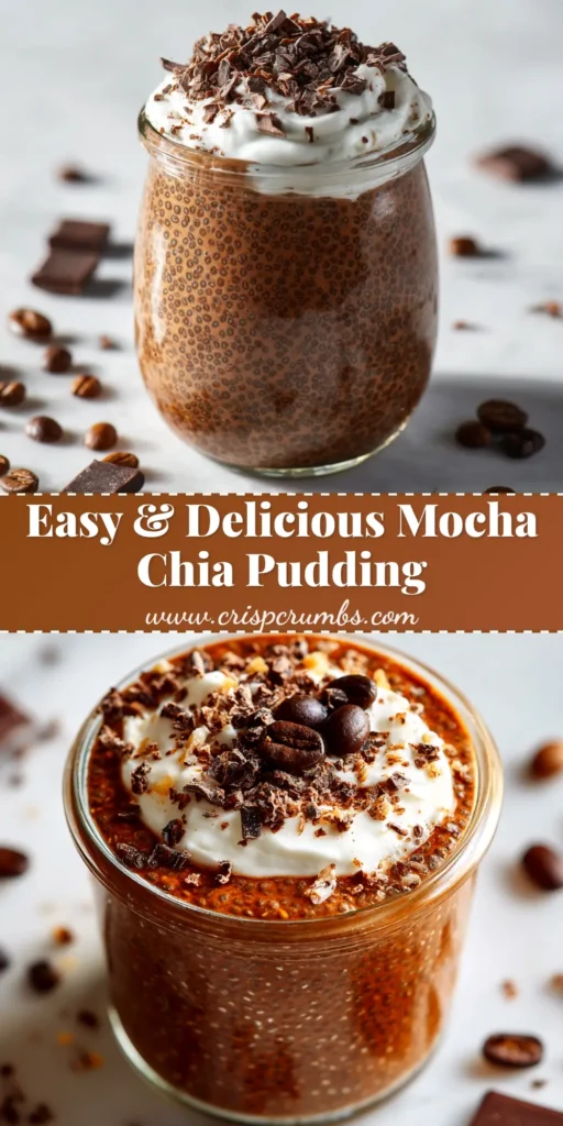 An overhead shot of a creamy mocha chia pudding in a glass jar, topped with fresh raspberries and chocolate shavings. The perfect healthy breakfast.