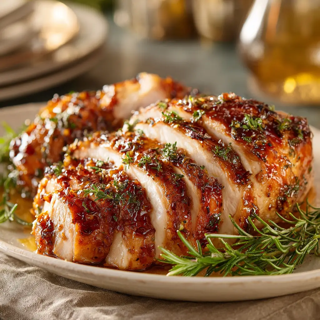 A close-up view of the golden-brown Crock Pot Turkey Breast resting on a cutting board before being sliced, with fresh herbs scattered around.