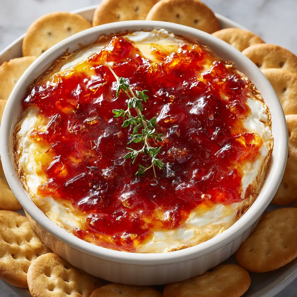 A block of softened cream cheese on a white platter, ready to be topped with pepper jelly for a sweet and spicy dip.