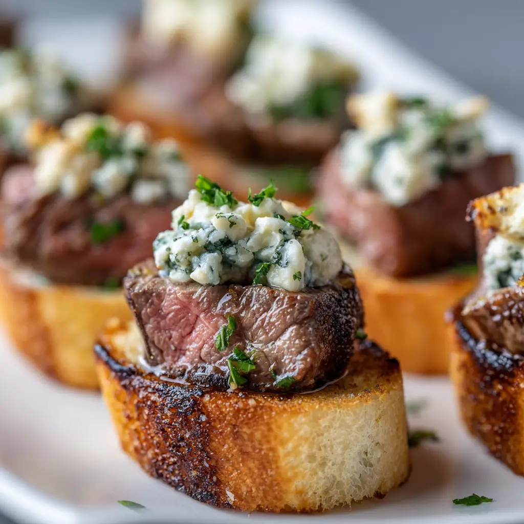 A close-up of seared beef tenderloin slices ready to be placed on toasted baguette for a crostini appetizer.
