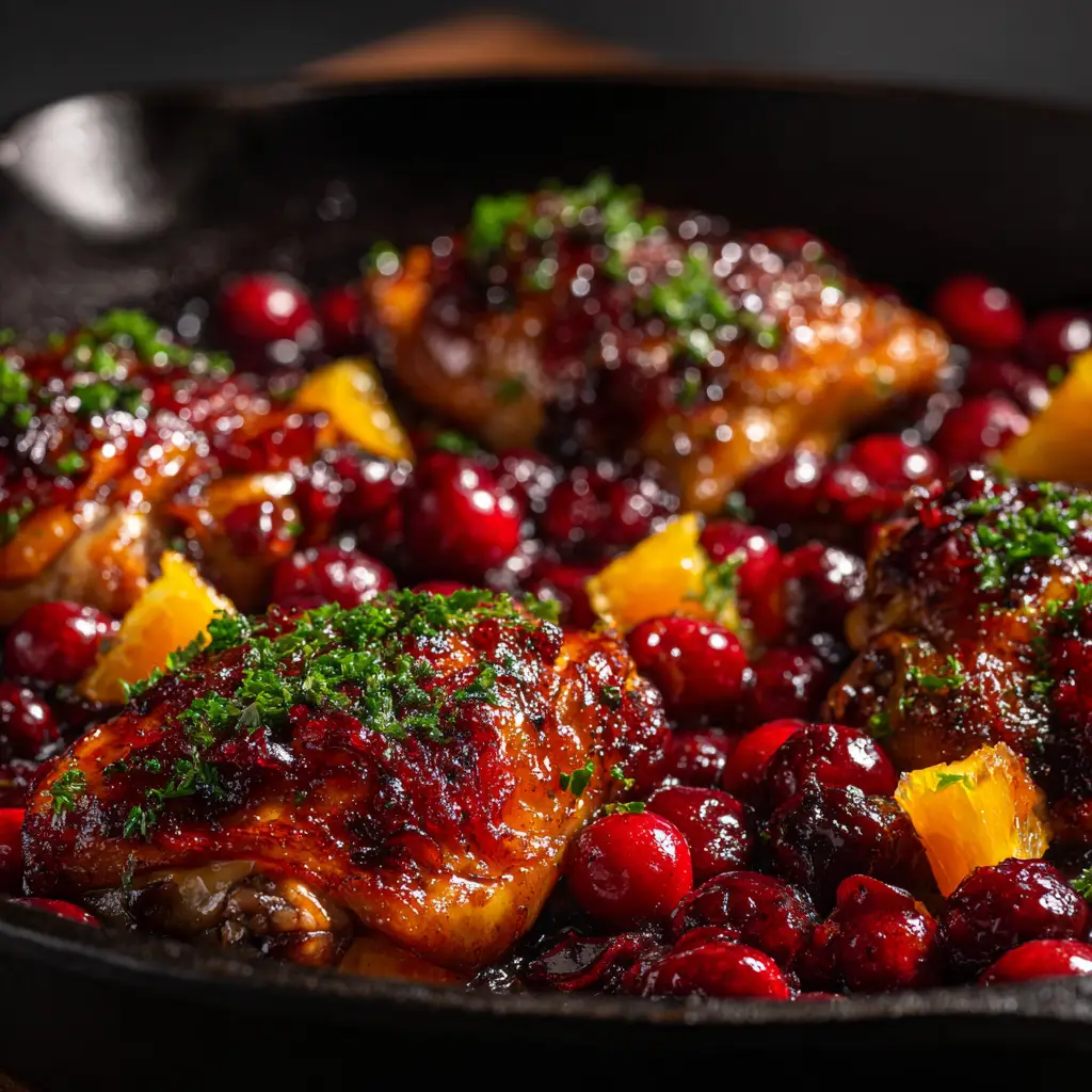 Golden-brown seared chicken thighs resting on a plate, ready to be added to the delicious cranberry orange sauce.