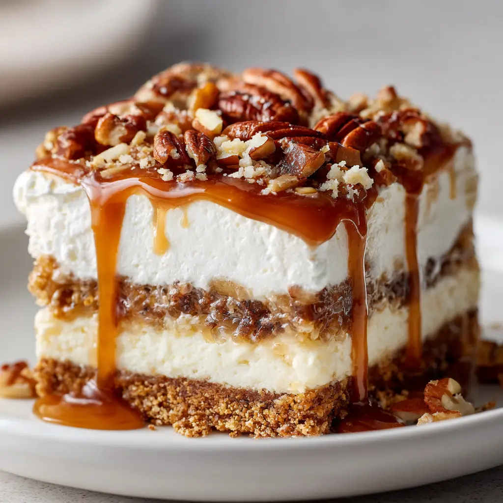 A spatula lifting the first slice of Pecan Pie Lasagna from the pan, revealing the creamy and crunchy textures inside.