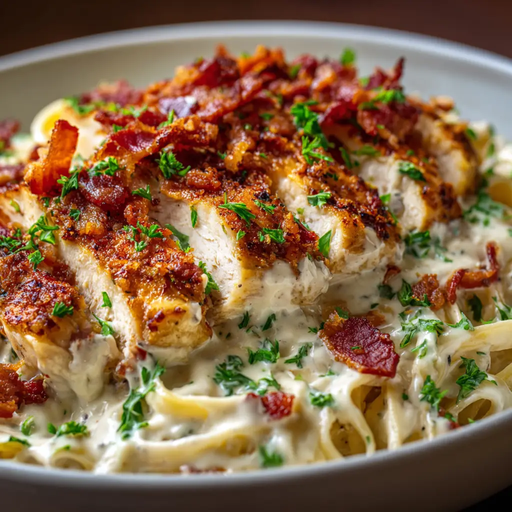 A skillet filled with the finished Cheddar Bacon Chicken Alfredo, ready to be served.