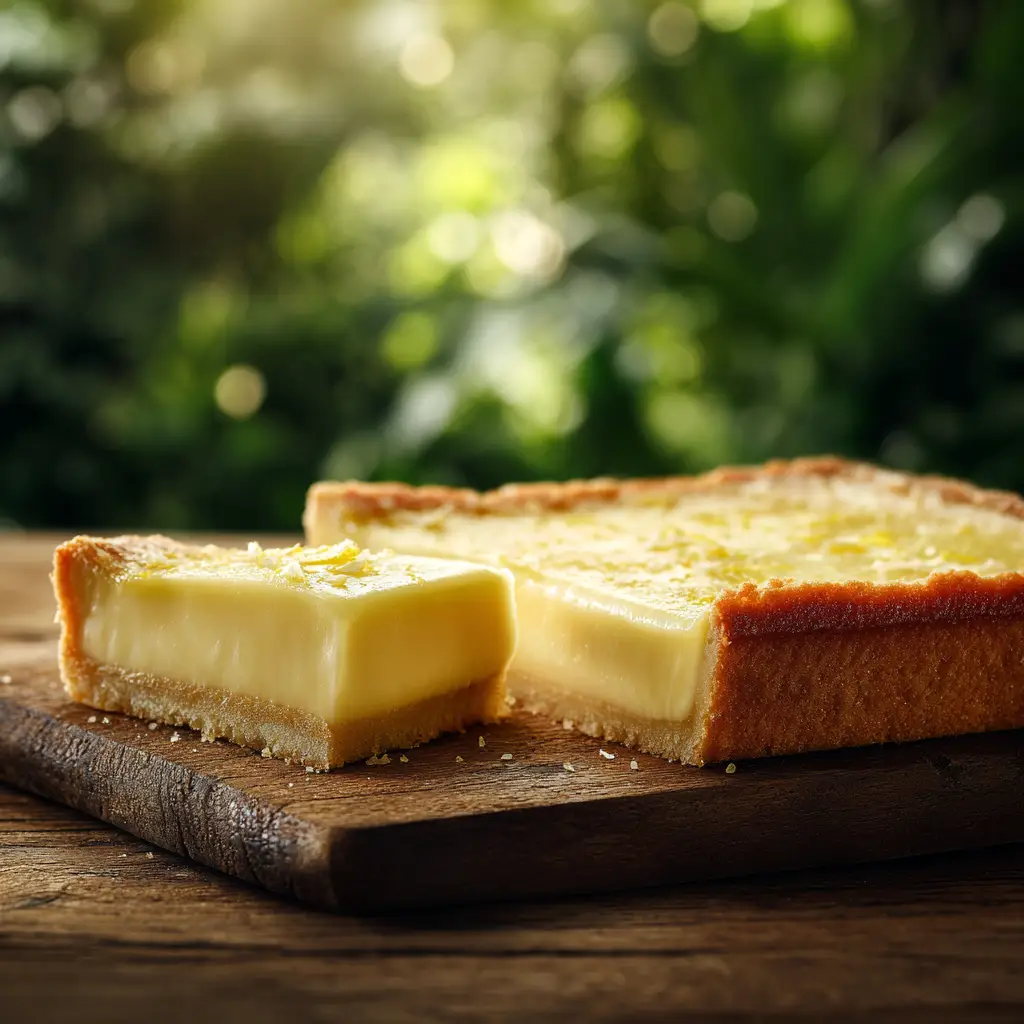 A rectangular slice of lemon custard cake served on a dessert plate and dusted with confectioners' sugar.
