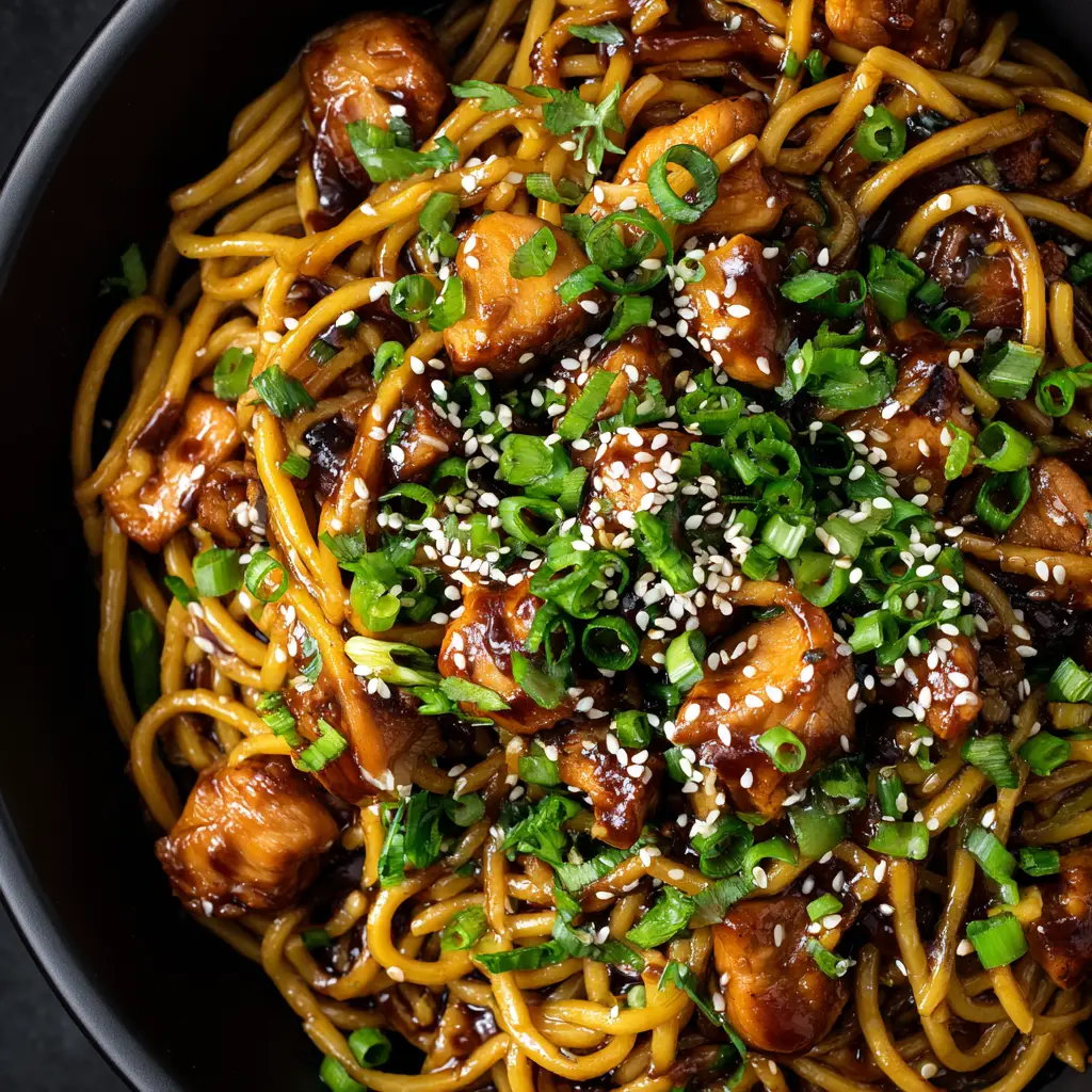An overhead shot of a glossy bowl of sticky garlic chicken noodles. The dish looks savory and delicious, ready to be eaten.
