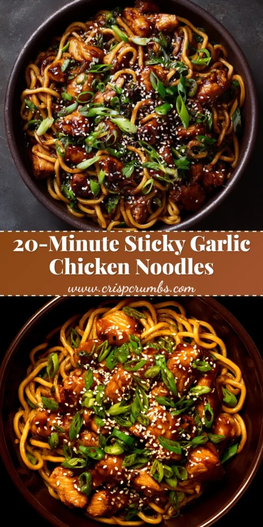 A top-down view of a white bowl filled with sticky garlic chicken noodles, garnished with sesame seeds and green onions. The noodles are glossy with sauce.