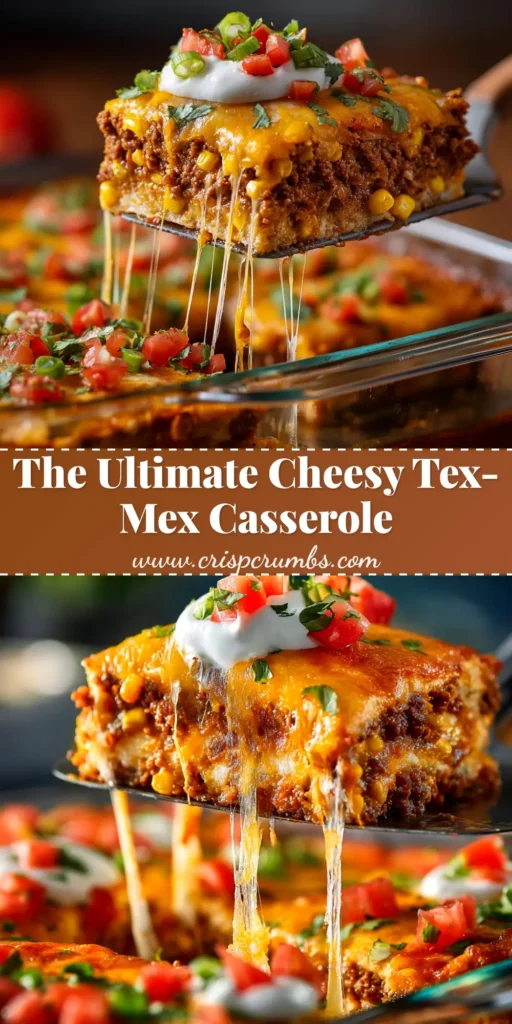 An overhead shot of a delicious Tex-Mex Casserole in a baking dish, with a slice being lifted out showing cheesy layers of ground beef, corn, and beans.