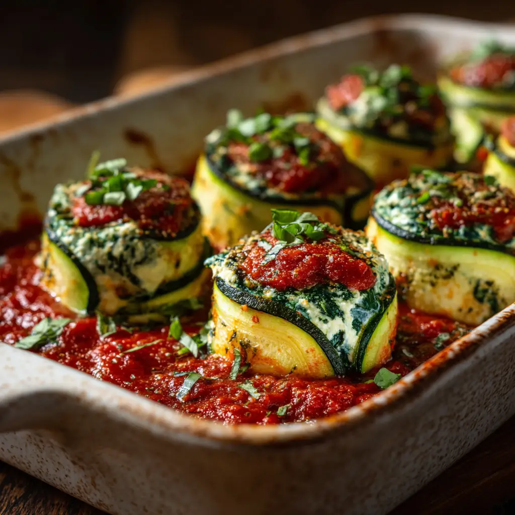 A pan of freshly assembled vegan zucchini roll-ups with tofu ricotta before baking, showing the neat rolls in red marinara sauce.