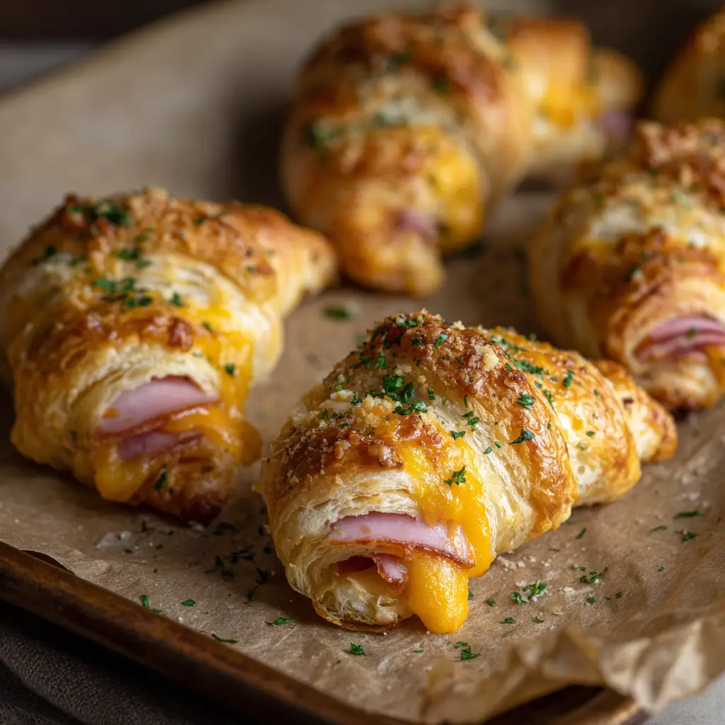 A close-up shot of golden baked ham and cheddar crescent roll-ups arranged on a rustic wooden board, ready to be served.