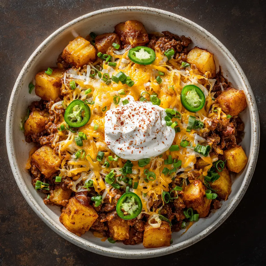A close-up view of the cheesy ground beef and potato skillet, showing the texture of the chili and crispy potatoes.