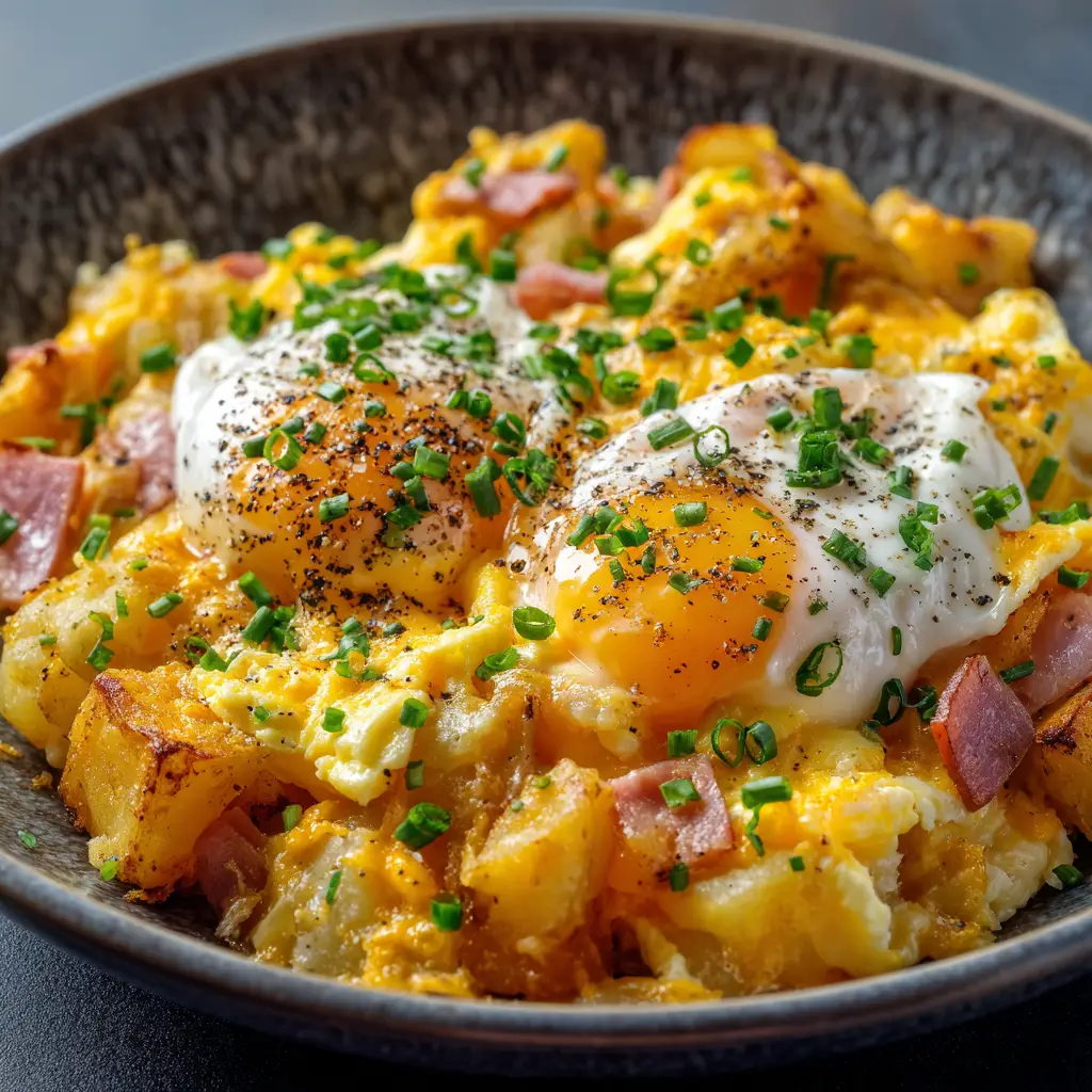 An extreme close-up of the egg and potato skillet, showing the texture of the melted cheddar cheese over the fluffy scrambled eggs and crispy potatoes.
