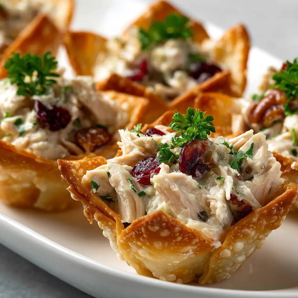 An extreme close-up of a single chicken salad wonton cup, showing the crispy texture of the baked wonton and the creamy filling.