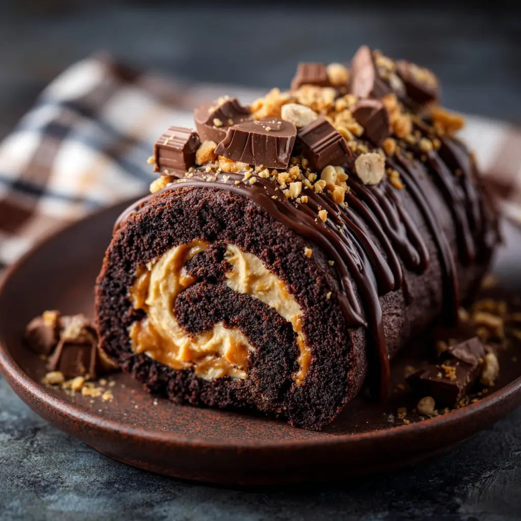 An extreme close-up of the chocolate swiss roll with peanut butter filling, showing the moist cake texture and rich filling.