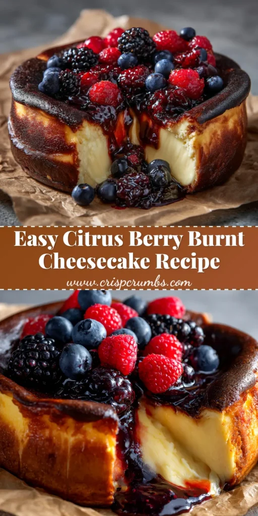 A stunning Citrus Berry Burnt Cheesecake on a rustic background, with a slice taken out to show the creamy interior. The perfect pin to save for your next dessert recipe.