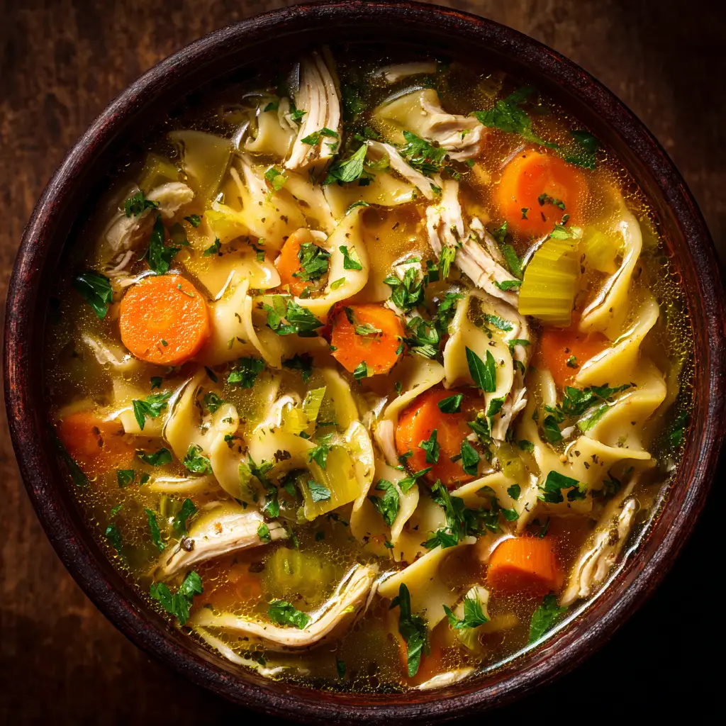 A close-up, top-down view of a rustic bowl of from-scratch chicken noodle soup, highlighting the tender chicken and vibrant vegetables.