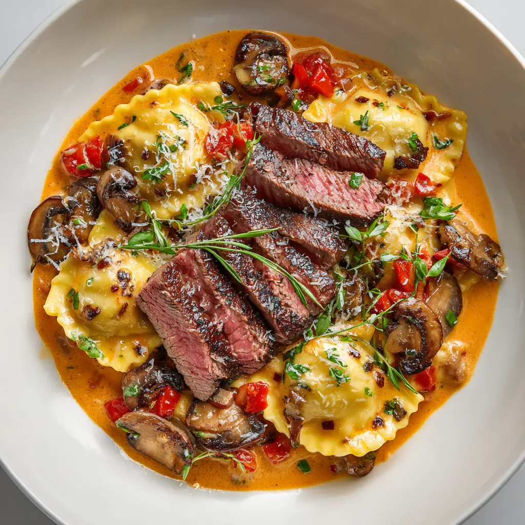 A close-up, top-down view of the finished steak and ravioli dish in a rustic bowl. The creamy sauce coats tender pieces of steak and plump ravioli.