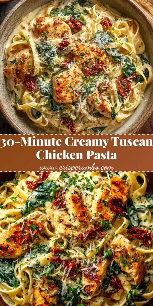 A skillet of creamy Tuscan chicken pasta with spinach and sun-dried tomatoes, ready to be served. A delicious and easy 30-minute dinner recipe.