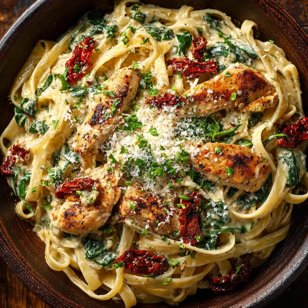 An extreme close-up overhead shot of creamy Tuscan pasta sauce, highlighting the rich texture with bits of spinach and sun-dried tomatoes.