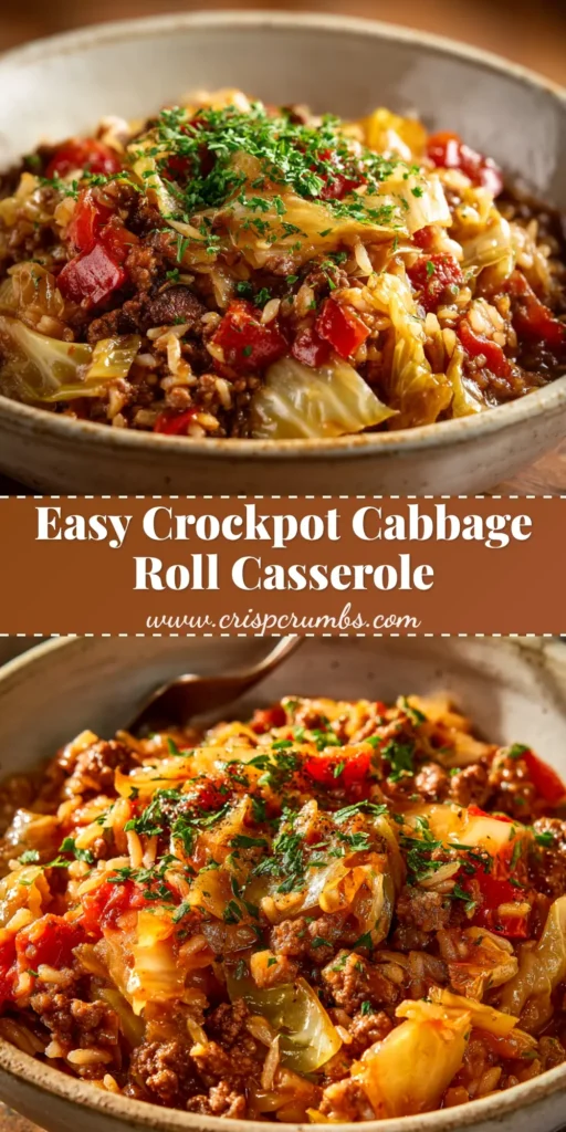 An overhead shot of a hearty Crockpot Cabbage Roll Casserole in a white bowl, showcasing the tender cabbage, ground beef, and rice in a savory tomato sauce.