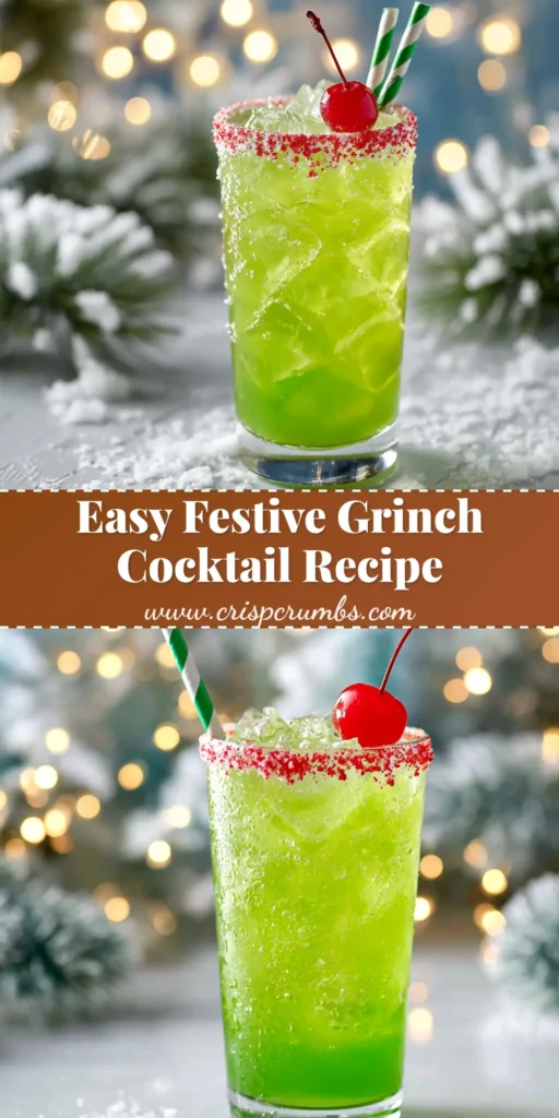 A vibrant green Grinch Cocktail in a martini glass with a single red maraschino cherry at the bottom, representing the Grinch's heart.