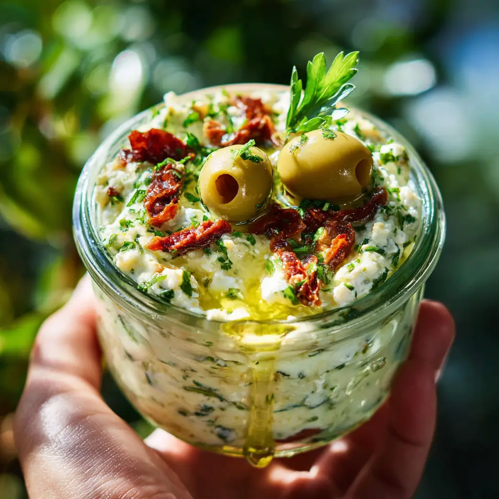 A close-up shot showing the ingredients for the feta and green olive dip before they are mixed, highlighting the fresh feta and green olives.